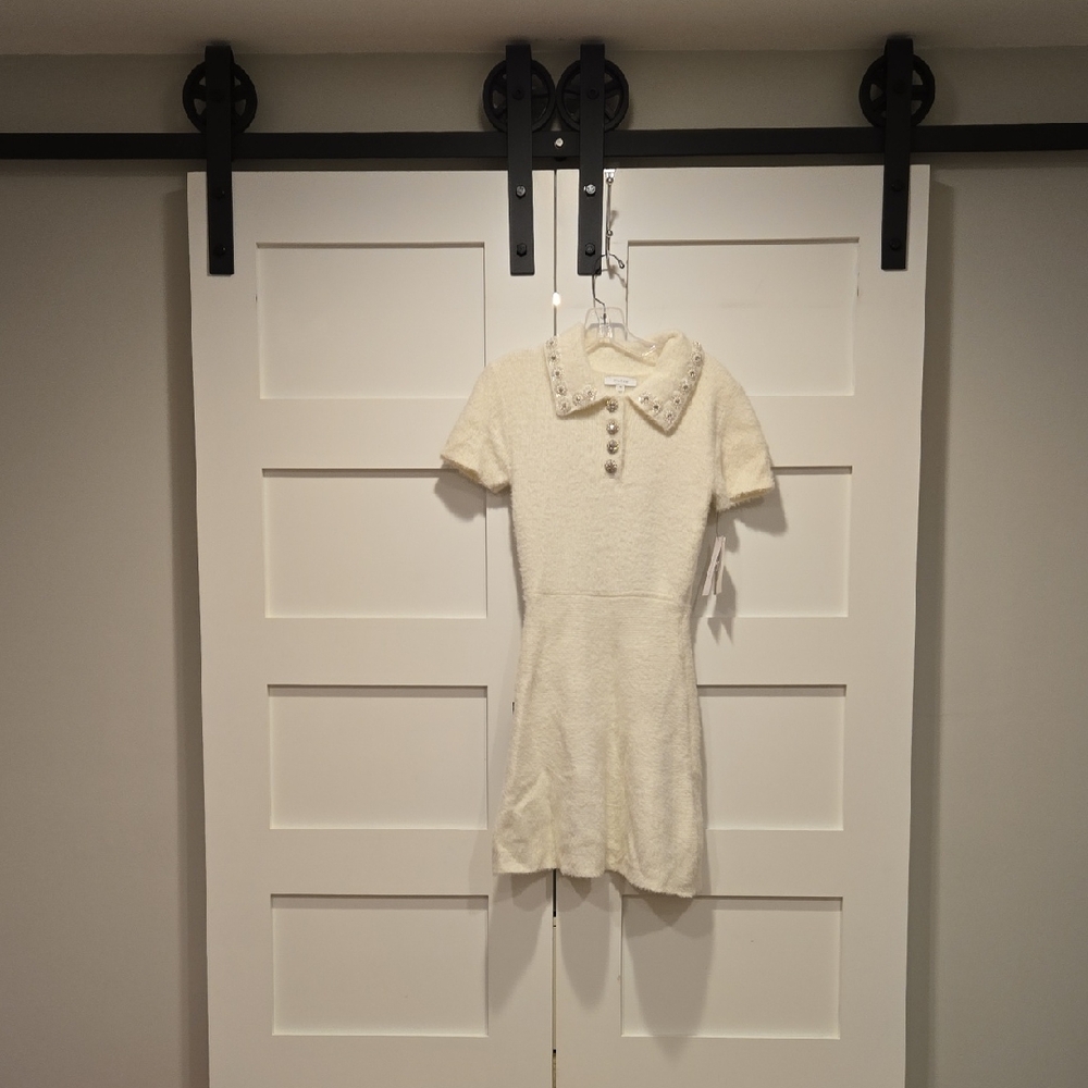 Cream Short Sleeve Sweater Dress With Embellished Collar